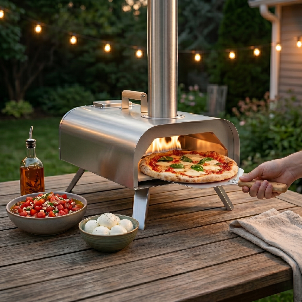 four à pizza à combustible en action